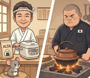 明るいキッチンで炊飯器とアルタの米袋の前に立ついたるおじさんとネズミくん。対照的に、伝統的な羽釜と炭火の前に立つおにぎり太郎の対比イラスト