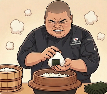 真剣な表情で完璧な三角形のおにぎりを握るおにぎり太郎。羽釜と木樽のご飯と湯気のイラスト