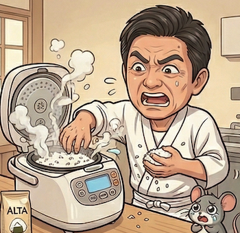 炊飯器から真っ直ぐご飯をつかもうとして叫ぶいたるおじさんと、驚いて見上げるネズミくんのコミカルなイラスト