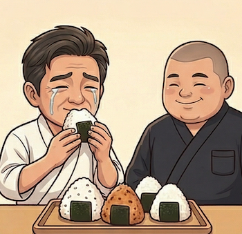 おにぎりを味わういたるおじさんとおにぎり太郎。涙を流しながら食べる様子と、穏やかに微笑む様子のイラスト