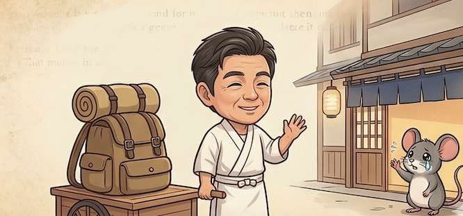 旅立ついたるおじさんが荷物のカートを引き、泣きながら手を振るネズミくんにおにぎり屋の前で別れを告げるイラスト